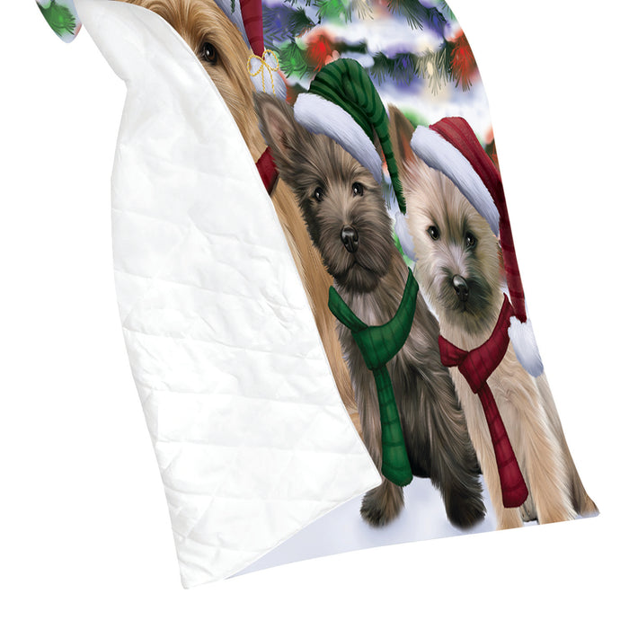 Cairn Terrier Dogs Christmas Family Portrait in Holiday Scenic Background Quilt