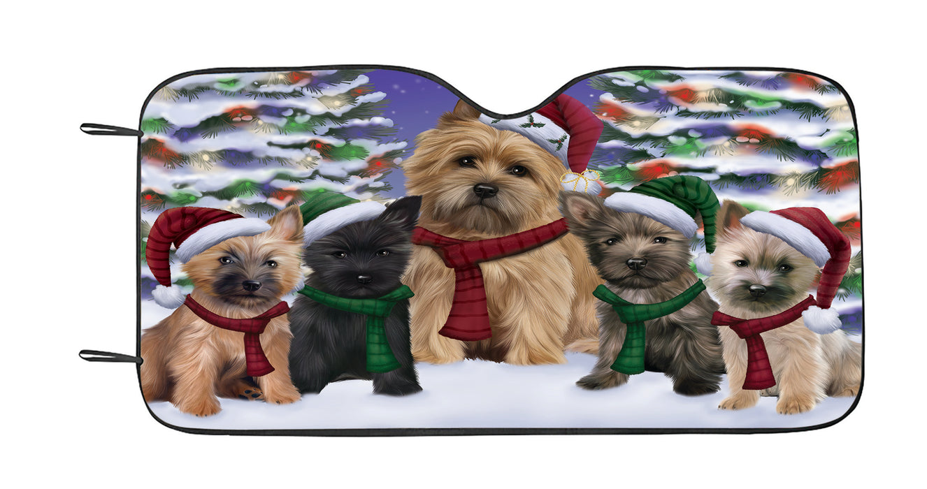 Cairn Terrier Dogs Christmas Family Portrait in Holiday Scenic Background Car Sun Shade