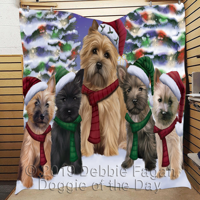 Cairn Terrier Dogs Christmas Family Portrait in Holiday Scenic Background Quilt