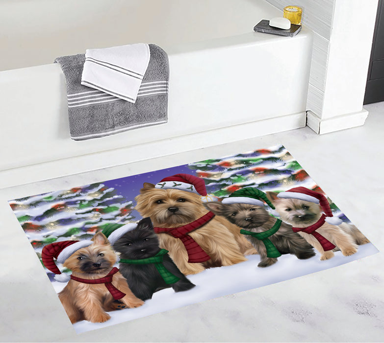 Cairn Terrier Dogs Christmas Family Portrait in Holiday Scenic Background Bath Mat