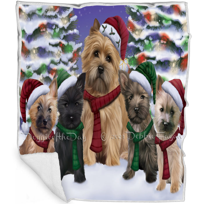 Cairn Terrier Dog Christmas Family Portrait in Holiday Scenic Background Art Portrait Print Woven Throw Sherpa Plush Fleece Blanket