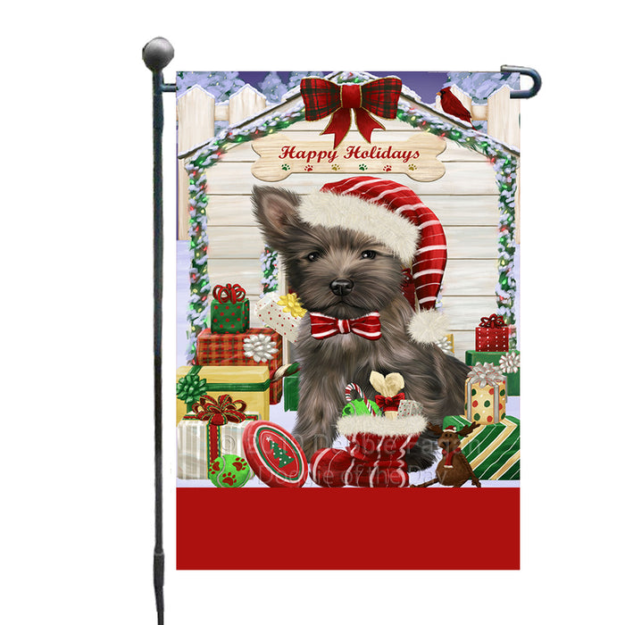 Personalized Happy Holidays Christmas Cairn Terrier Dog House with Presents Custom Garden Flags GFLG-DOTD-A59298