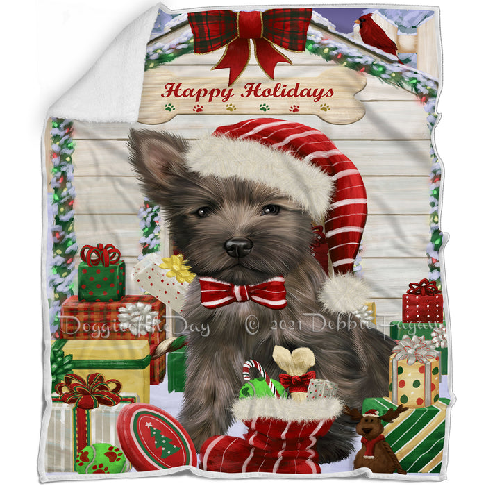 Happy Holidays Christmas Cairn Terrier Dog House with Presents Blanket BLNKT78492
