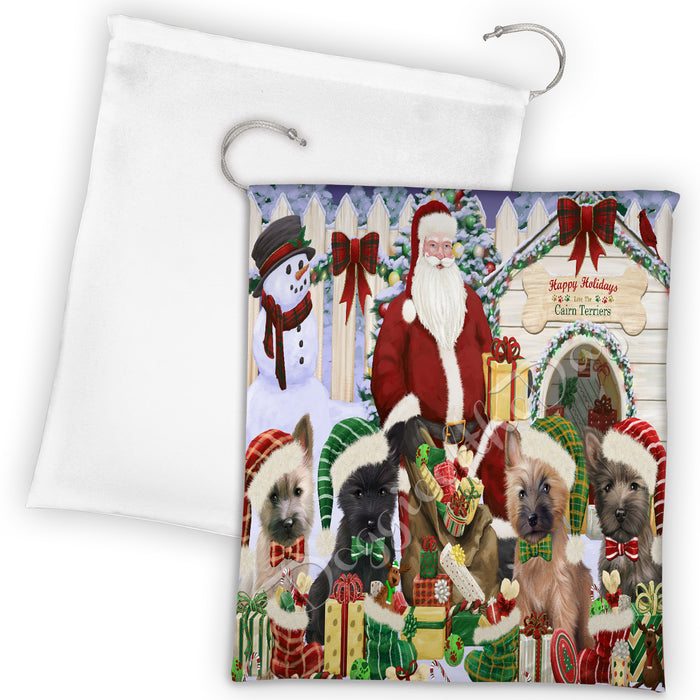 Happy Holidays Christmas Cairn Terrier Dogs House Gathering Drawstring Laundry or Gift Bag LGB48032