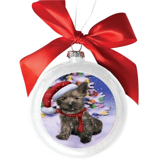 Winterland Wonderland Cairn Terrier Dog In Christmas Holiday Scenic Background White Round Ball Christmas Ornament WBSOR49547
