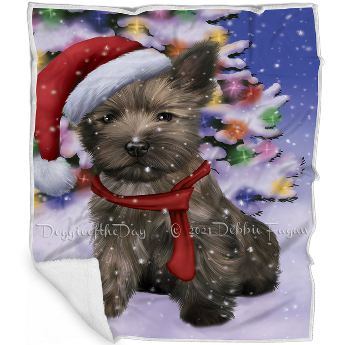 Winterland Wonderland Cairn Terrier Puppy Dog In Christmas Holiday Scenic Background Blanket