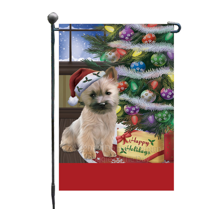 Personalized Christmas Happy Holidays Cairn Terrier Dog with Tree and Presents Custom Garden Flags GFLG-DOTD-A58611