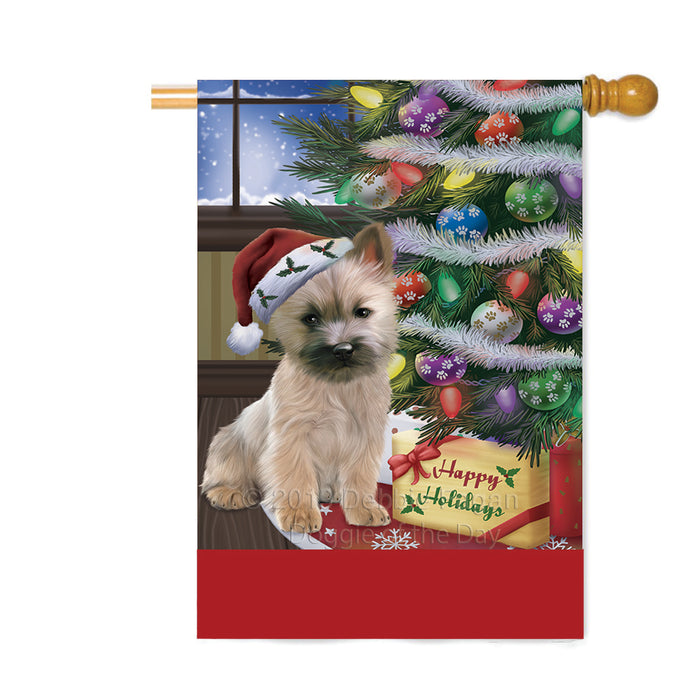 Personalized Christmas Happy Holidays Cairn Terrier Dog with Tree and Presents Custom House Flag FLG-DOTD-A58667