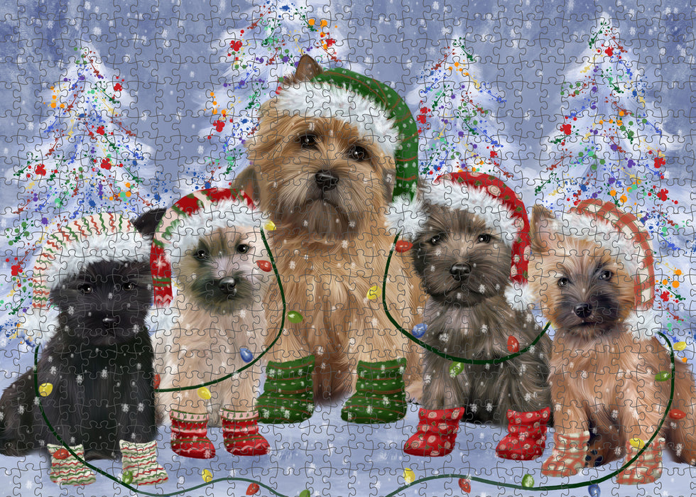 Christmas Lights and Cairn Terrier Dogs Portrait Jigsaw Puzzle for Adults Animal Interlocking Puzzle Game Unique Gift for Dog Lover's with Metal Tin Box
