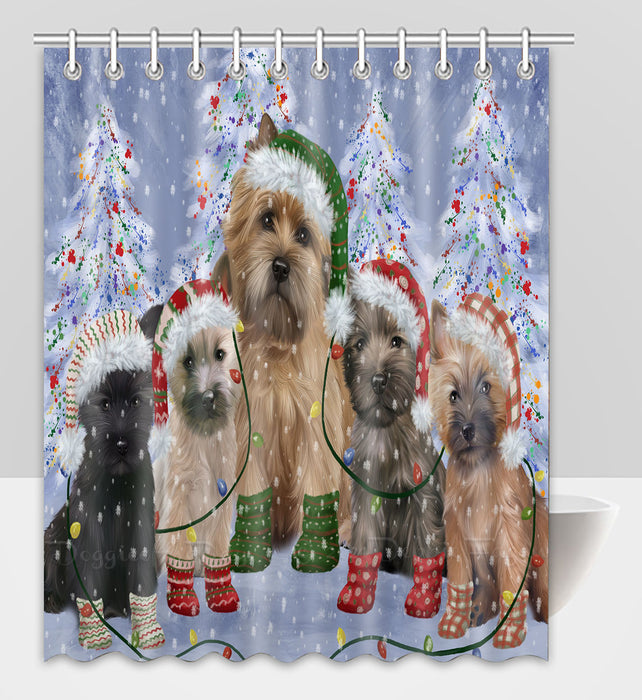 Christmas Lights and Cairn Terrier Dogs Shower Curtain Pet Painting Bathtub Curtain Waterproof Polyester One-Side Printing Decor Bath Tub Curtain for Bathroom with Hooks