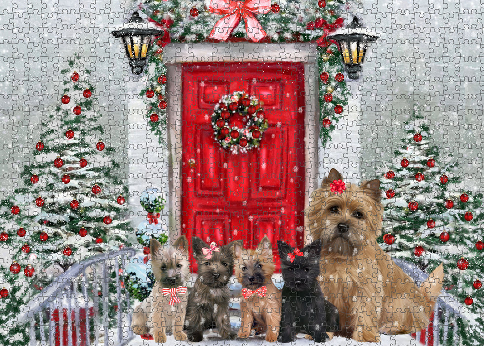 Christmas Holiday Welcome Cairn Terrier Dogs Portrait Jigsaw Puzzle for Adults Animal Interlocking Puzzle Game Unique Gift for Dog Lover's with Metal Tin Box