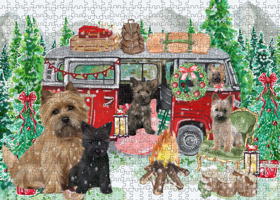 Christmas Time Camping with Cairn Terrier Dogs Portrait Jigsaw Puzzle for Adults Animal Interlocking Puzzle Game Unique Gift for Dog Lover's with Metal Tin Box
