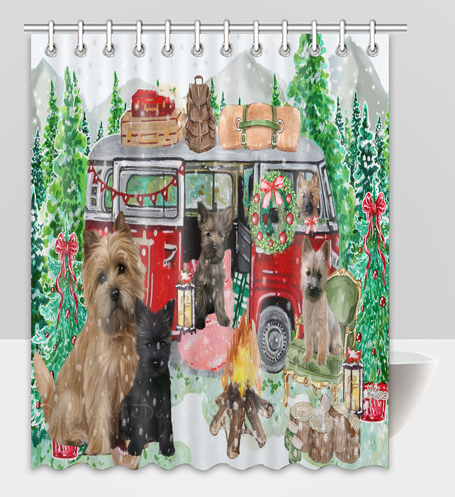 Christmas Time Camping with Cairn Terrier Dogs Shower Curtain Pet Painting Bathtub Curtain Waterproof Polyester One-Side Printing Decor Bath Tub Curtain for Bathroom with Hooks