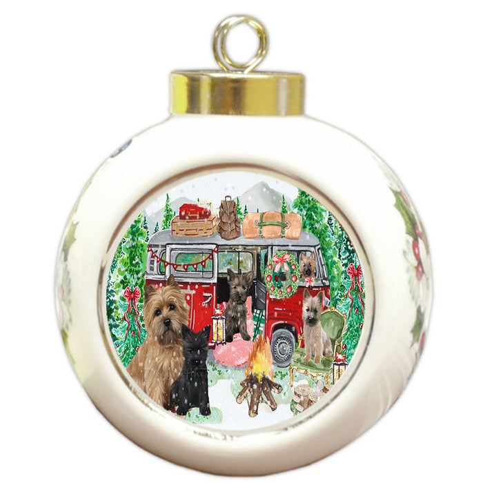 Christmas Time Camping with Cairn Terrier Dogs Round Ball Christmas Ornament Pet Decorative Hanging Ornaments for Christmas X-mas Tree Decorations - 3" Round Ceramic Ornament