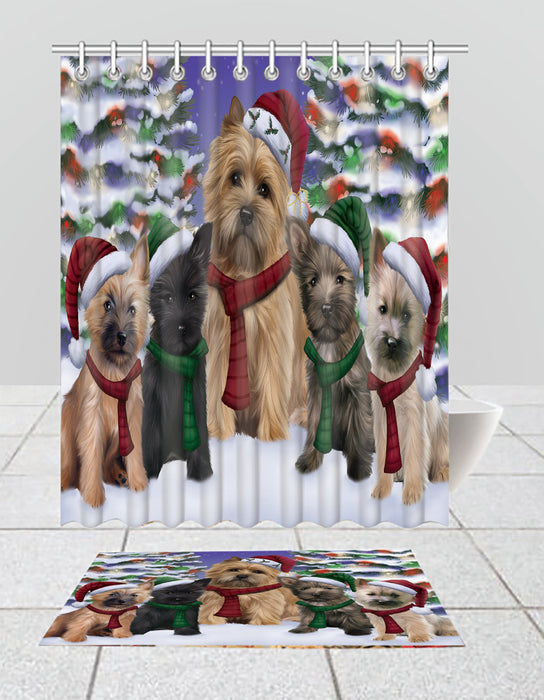 Cairn Terrier Dogs Christmas Family Portrait in Holiday Scenic Background  Bath Mat and Shower Curtain Combo
