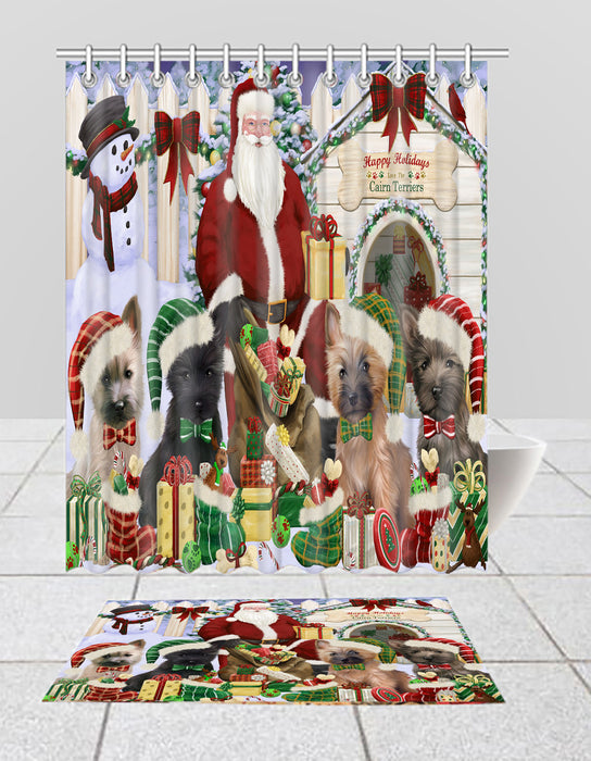 Happy Holidays Christmas Cairn Terrier Dogs House Gathering Bath Mat and Shower Curtain Combo