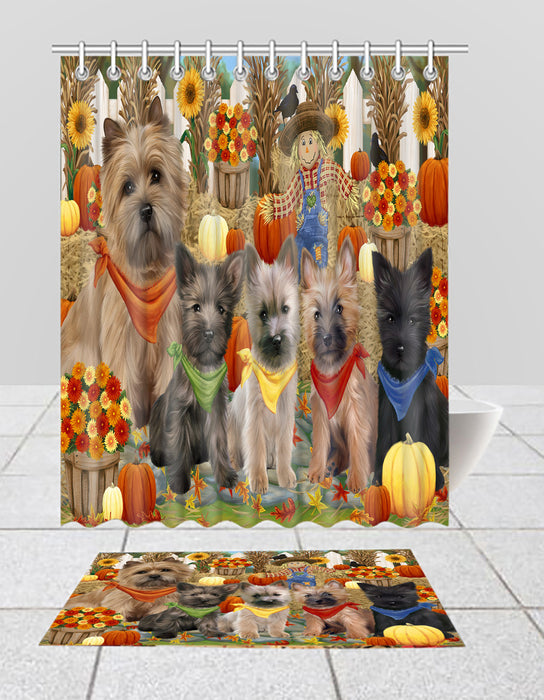 Fall Festive Harvest Time Gathering Cairn Terrier Dogs Bath Mat and Shower Curtain Combo