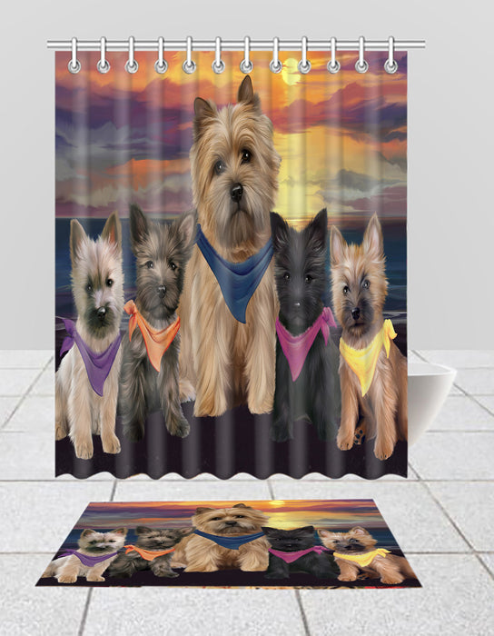 Family Sunset Portrait Cairn Terrier Dogs Bath Mat and Shower Curtain Combo