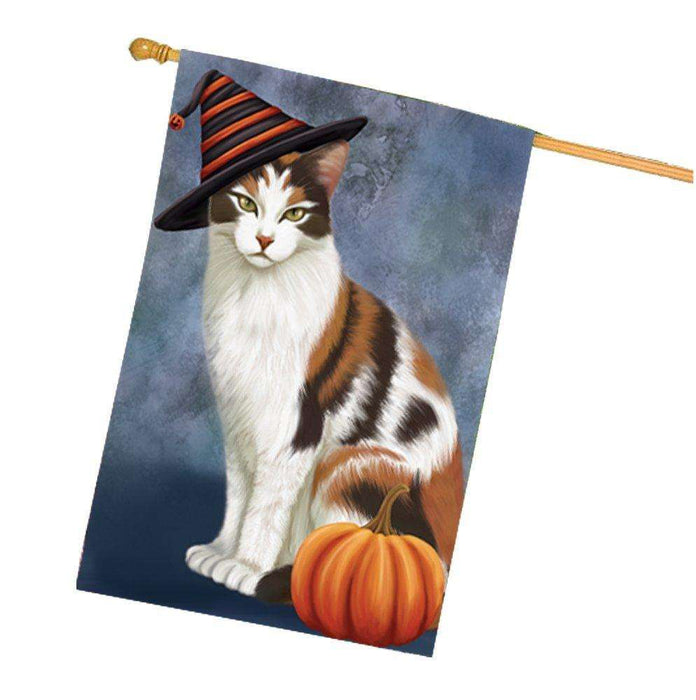 Calico Cat Wearing Witch Hat with Pumpkin House Flag