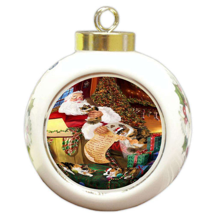 Calico Cats and Kittens Sleeping with Santa  Round Ball Christmas Ornament RBPOR54513