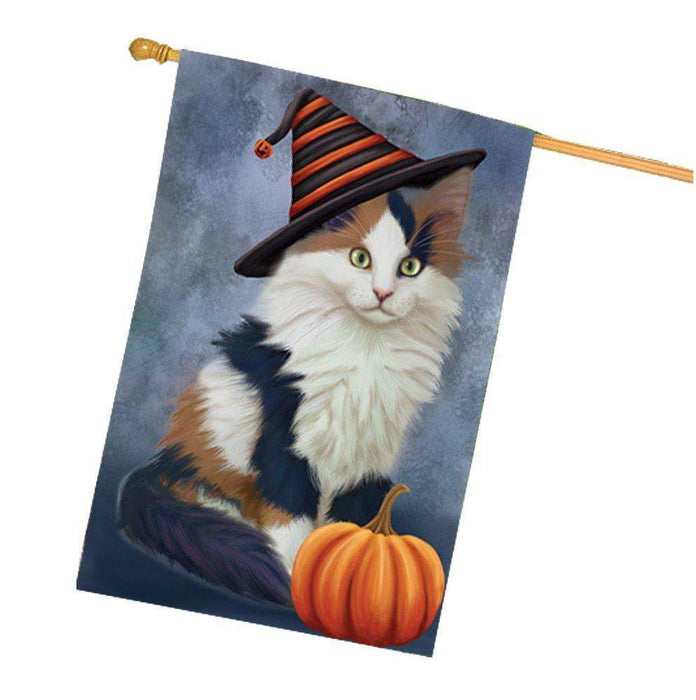 Calico Kitten Cat Wearing Witch Hat with Pumpkin House Flag