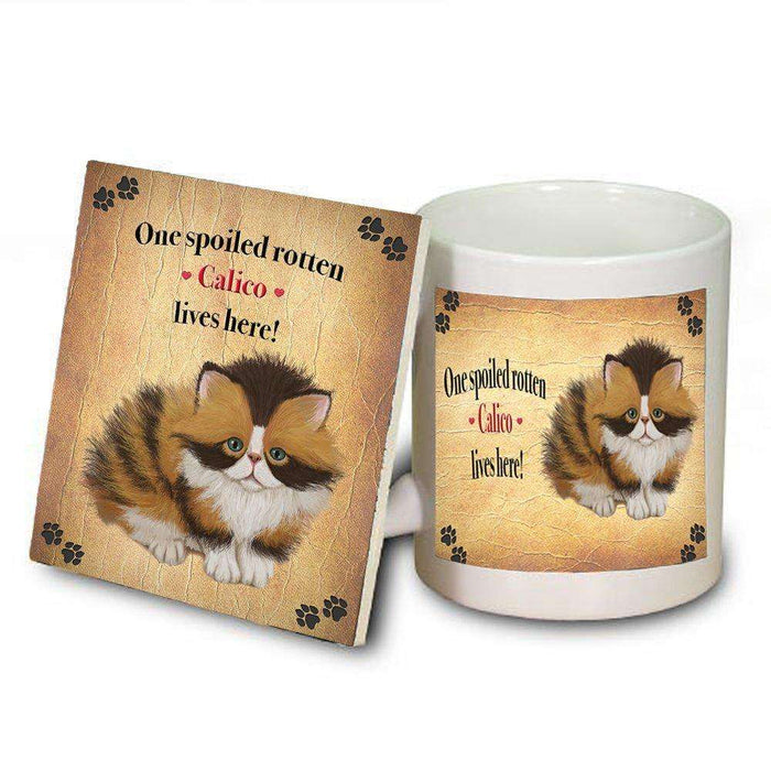 Calico Portrait Spoiled Rotten Cat Coaster and Mug Combo Gift Set