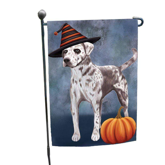 Catahoula Leopard Dog Wearing Witch Hat with Pumpkin Garden Flag