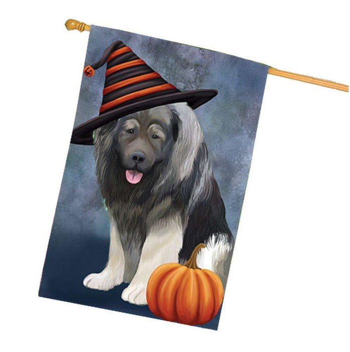 Caucasian Ovcharka Dog Wearing Witch Hat with Pumpkin House Flag
