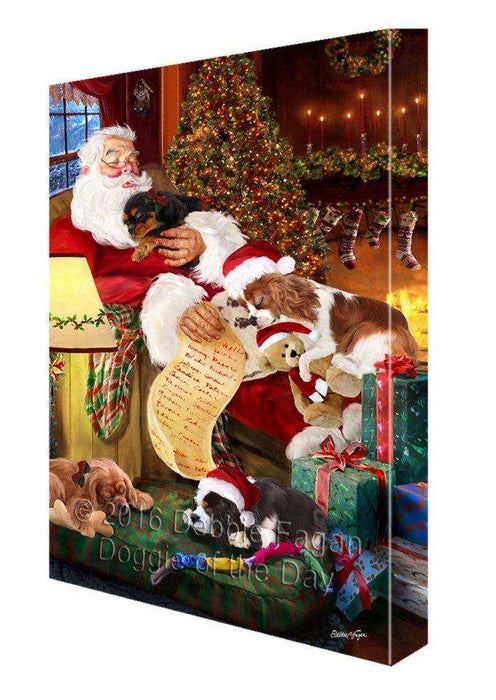 Cavalier King Charles Spaniel Dog and Puppies Sleeping with Santa Painting Printed on Canvas Wall Art Signed