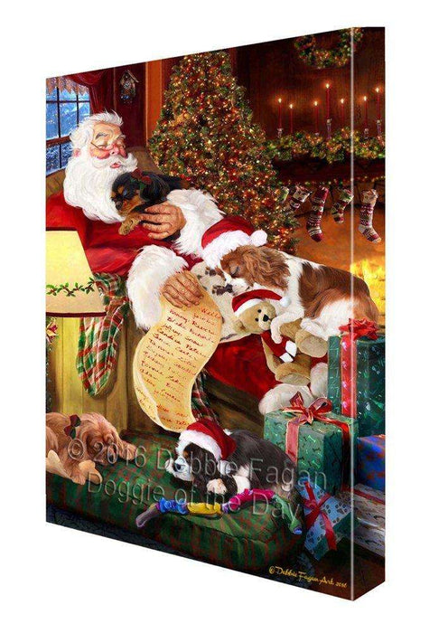 Cavalier King Charles Spaniel Dog and Puppies Sleeping with Santa Painting Printed on Canvas Wall Art