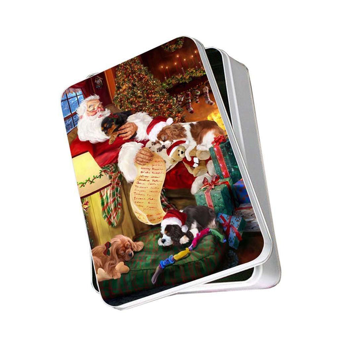 Cavalier King Charles Spaniel Dog and Puppies Sleeping with Santa Photo Storage Tin