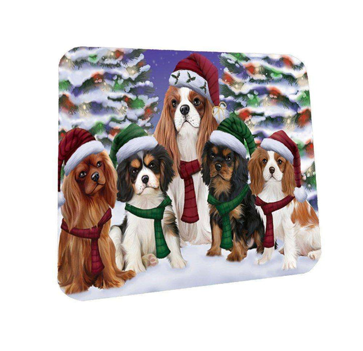 Cavalier King Charles Spaniel Dog Christmas Family Portrait in Holiday Scenic Background Coasters Set of 4