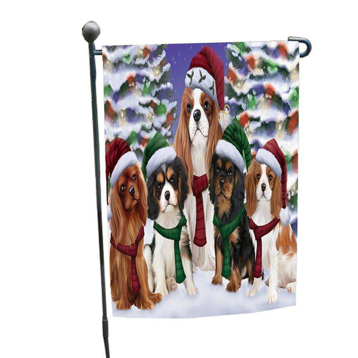 Cavalier King Charles Spaniel Dog Christmas Family Portrait in Holiday Scenic Background Garden Flag