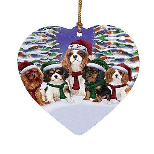 Cavalier King Charles Spaniel Dog Christmas Family Portrait in Holiday Scenic Background Heart Ornament