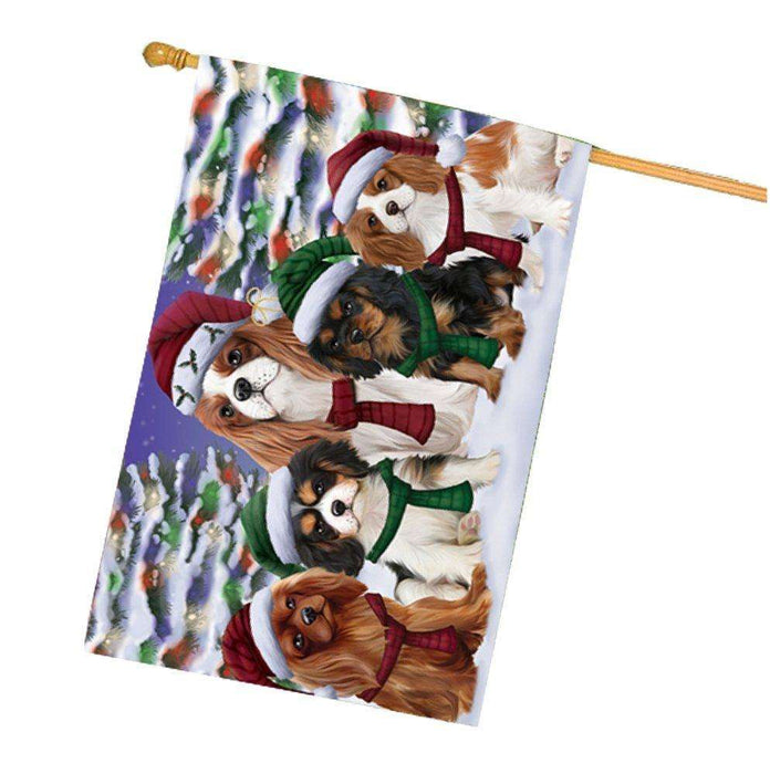 Cavalier King Charles Spaniel Dog Christmas Family Portrait in Holiday Scenic Background House Flag