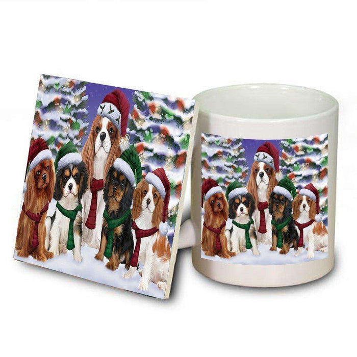 Cavalier King Charles Spaniel Dog Christmas Family Portrait in Holiday Scenic Background Mug and Coaster Set