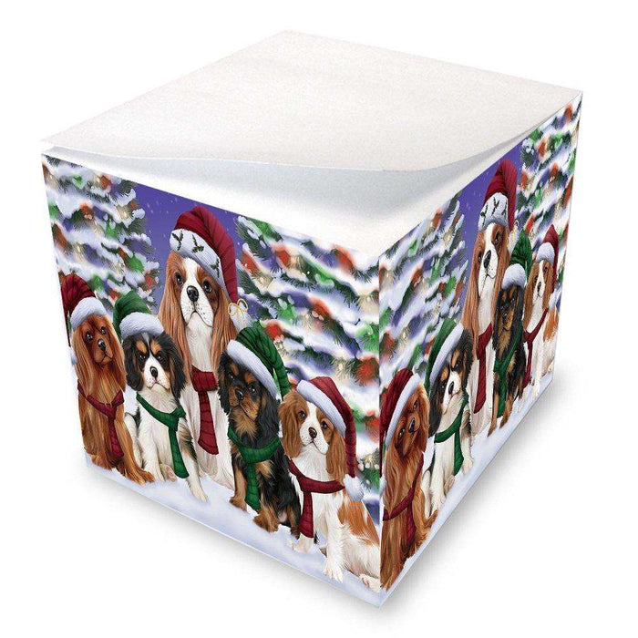Cavalier King Charles Spaniel Dog Christmas Family Portrait in Holiday Scenic Background Note Cube D138