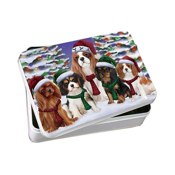 Cavalier King Charles Spaniel Dog Christmas Family Portrait in Holiday Scenic Background Photo Storage Tin