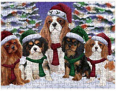 Cavalier King Charles Spaniel Dog Christmas Family Portrait in Holiday Scenic Background Puzzle with Photo Tin
