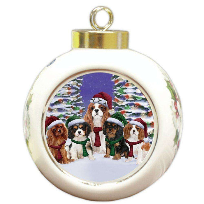 Cavalier King Charles Spaniel Dog Christmas Family Portrait in Holiday Scenic Background Round Ball Ornament