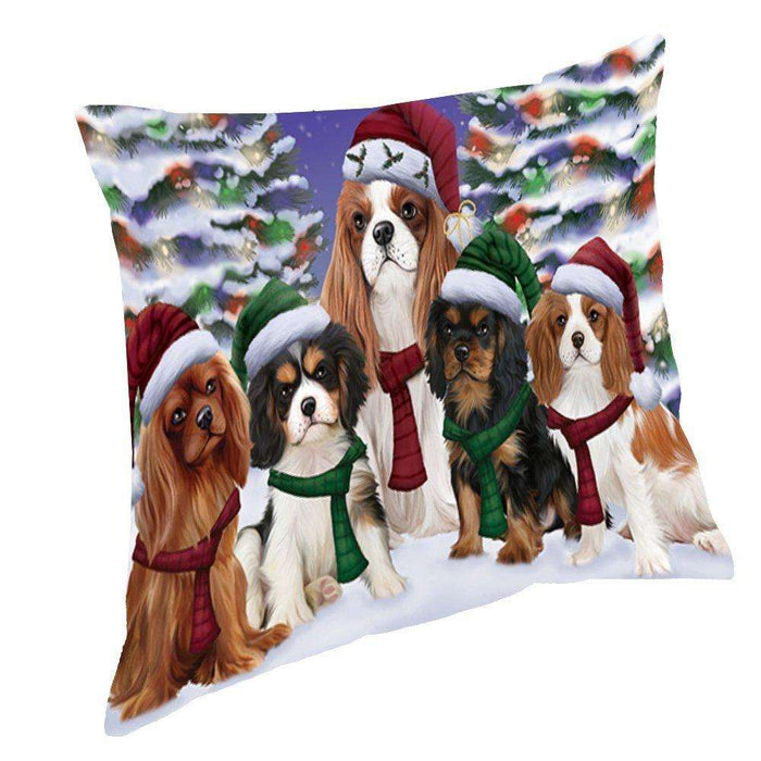 Cavalier King Charles Spaniel Dog Christmas Family Portrait in Holiday Scenic Background Throw Pillow