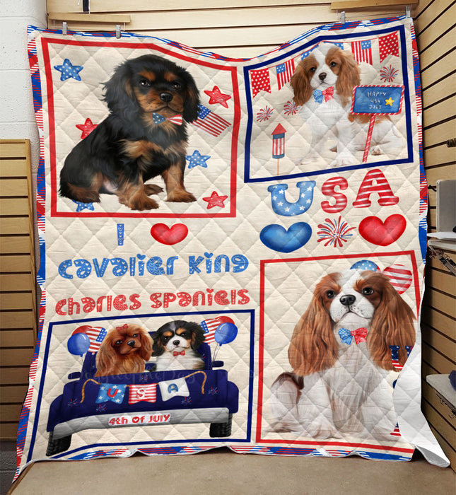 4th of July Independence Day I Love USA Cavalier King Charles Spaniel Dogs Quilt Bed Coverlet Bedspread - Pets Comforter Unique One-side Animal Printing - Soft Lightweight Durable Washable Polyester Quilt