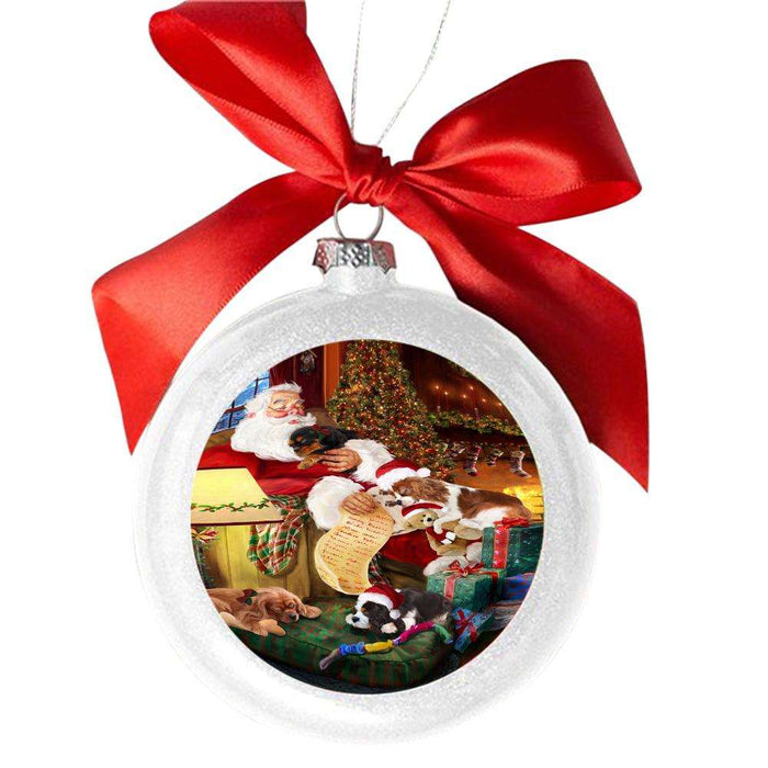 Cavalier King Charles Spaniels Dog and Puppies Sleeping with Santa White Round Ball Christmas Ornament WBSOR49267