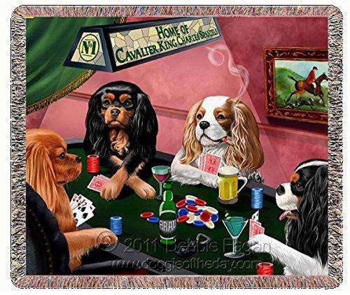 Cavalier King Charles Spaniels Dogs Playing Poker Woven Throw Blanket 54 x 38