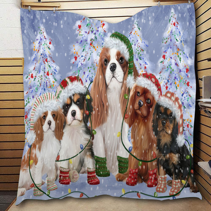 Christmas Lights and Cavalier King Charles Spaniel Dogs  Quilt Bed Coverlet Bedspread - Pets Comforter Unique One-side Animal Printing - Soft Lightweight Durable Washable Polyester Quilt