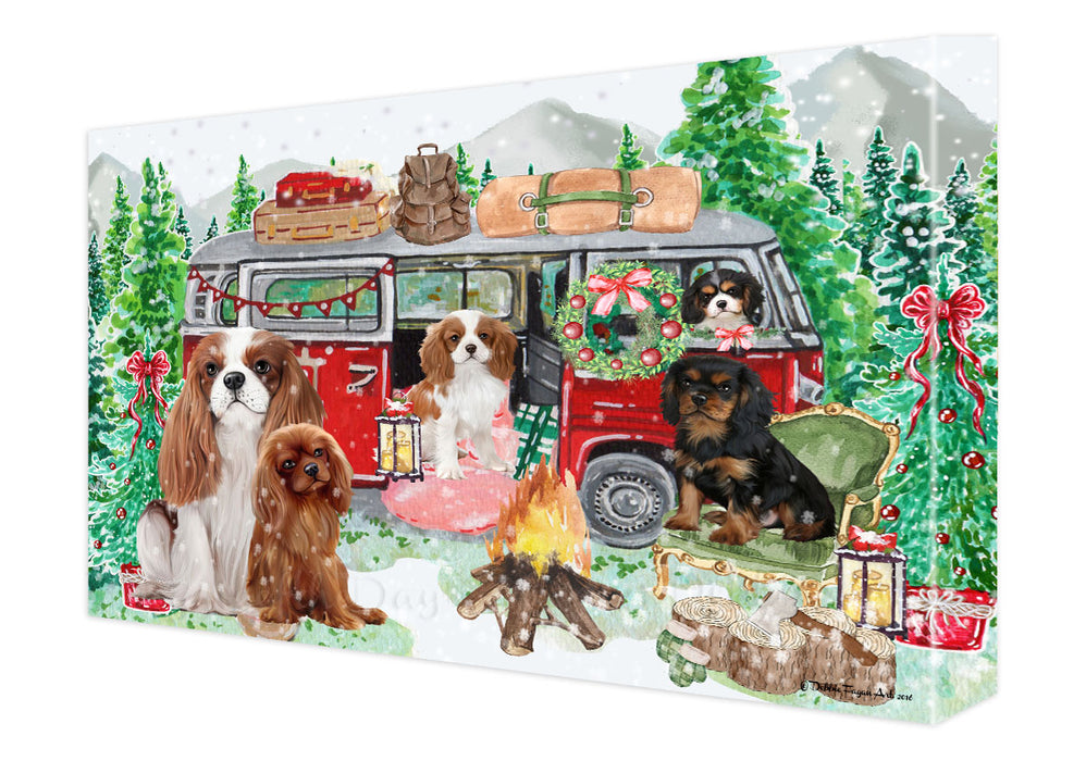 Christmas Time Camping with Cavalier King Charles Spaniel Dogs Canvas Wall Art - Premium Quality Ready to Hang Room Decor Wall Art Canvas - Unique Animal Printed Digital Painting for Decoration