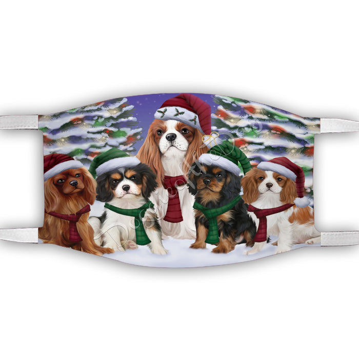 Cavalier King Charles Spaniel Dogs Christmas Family Portrait in Holiday Scenic Background Face Mask FM48332
