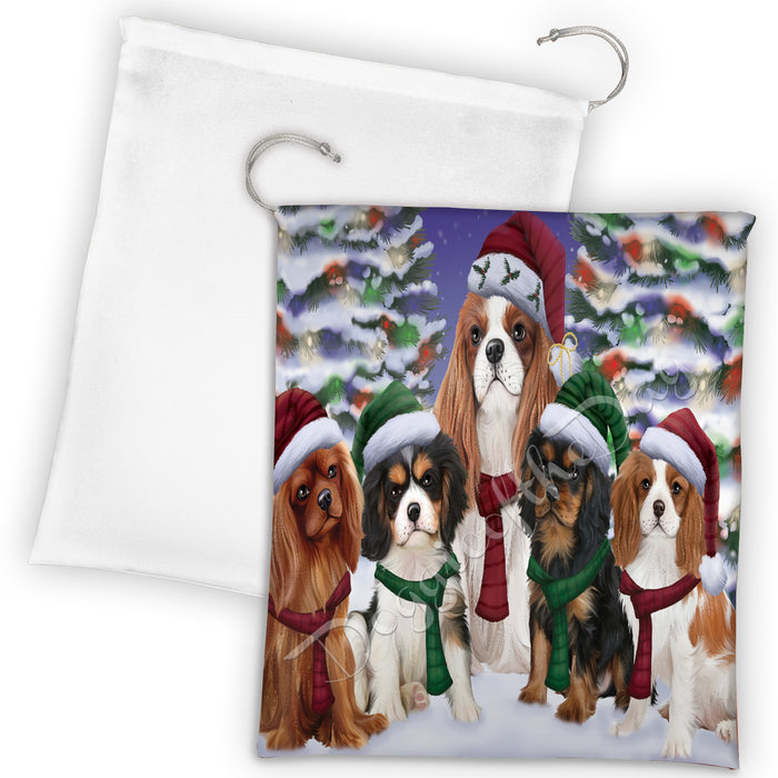 Cavalier King Charles Spaniel Dogs Christmas Family Portrait in Holiday Scenic Background Drawstring Laundry or Gift Bag LGB48130