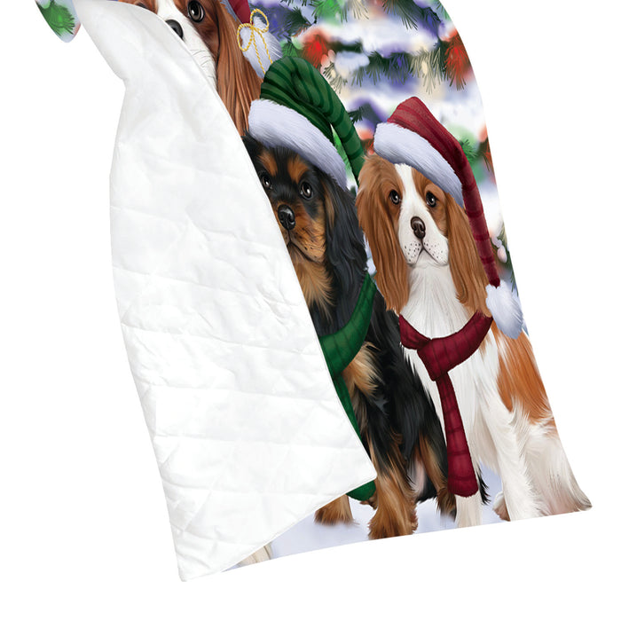 Cavalier King Charles Spaniel Dogs Christmas Family Portrait in Holiday Scenic Background Quilt