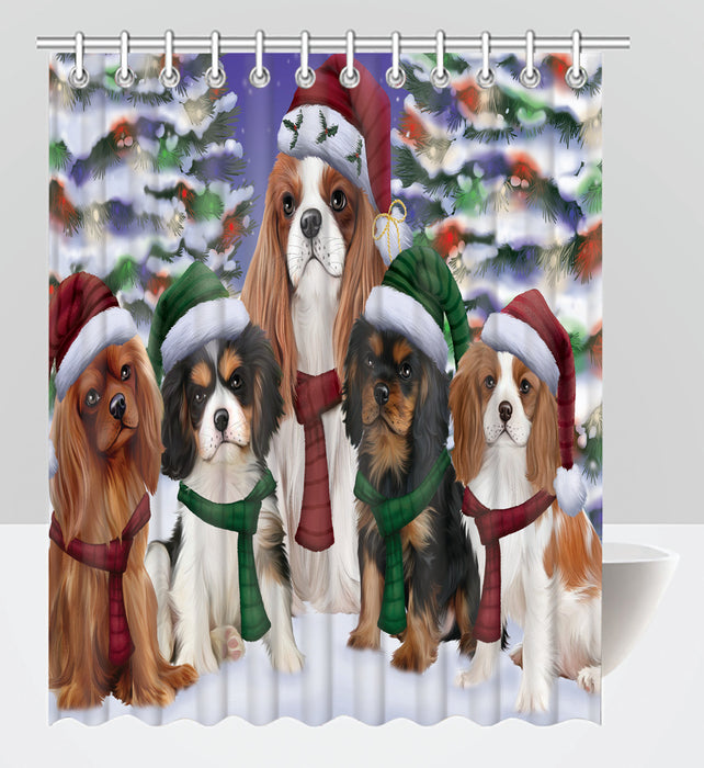 Cavalier King Charles Spaniel Dogs Christmas Family Portrait in Holiday Scenic Background Shower Curtain